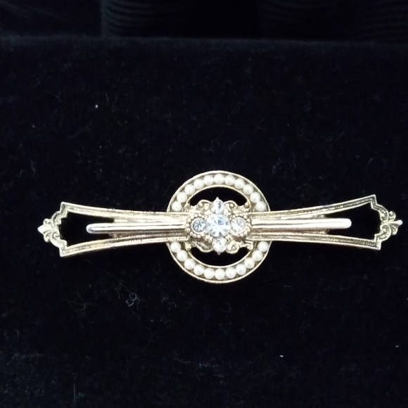1928 jewelry bar brooch with rhinestones and  seed pearls - Picture 7 of 8